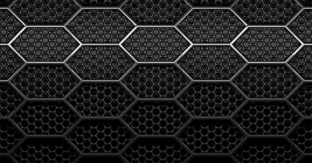Double layer black, shiny round hexagon honeycomb grid grill background with light from above, 3D...