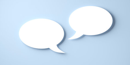 Two round white empty speech bubble or balloon over blue background with shadow template, 3D...
