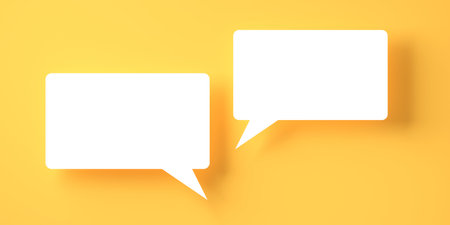 Two square white empty speech bubble or balloon over orange background with shadow template, 3D illustrationの写真素材