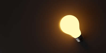 Single, glowing light bulb over dark background, energy, idea or innovation concept, flat lay top view from above, 3D illustrationの写真素材