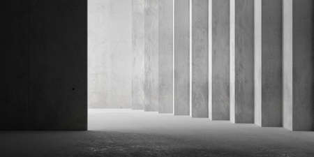 Abstract empty, modern concrete room with stacked offset right wall, indirect lighting from left and...