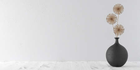 Interior background of modern empty room with white wall, vase with dry flower and wooden table,...