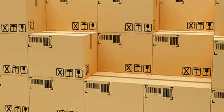 Huge stack of carton cardboard boxes background, freight, cargo, delivery or storage concept, 3D illustrationの写真素材