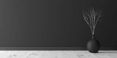 Interior background of modern empty room with black wall, vase with branch and white wooden parquet floor, copy space, 3d renderingの写真素材