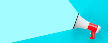 White and red megaphone or bullhorn over cyan blue background, business announcement or communication concept, flat lay top view from above with copy space, 3D illustrationの写真素材