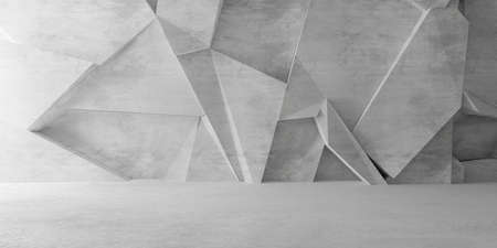 Abstract empty, modern concrete room with abstract random polygon triangle wall, indirect lighting from left side wall and rough floor - industrial interior background template, 3D illustrationの写真素材