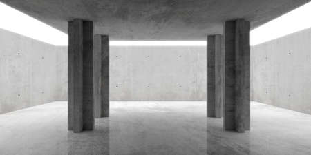 Abstract empty, modern concrete room with indirect lighting from open ceiling with pillars and shiny floor - industrial interior background template, 3D illustrationの写真素材
