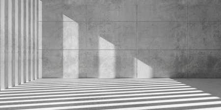 Abstract empty, modern concrete room with sun light from left, fence side wall and rough floor - industrial interior background template, 3D illustrationの写真素材