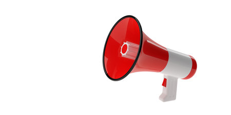 Red and white megaphone or bullhorn floating over white background, business announcement or communication concept, 3D illustrationの写真素材