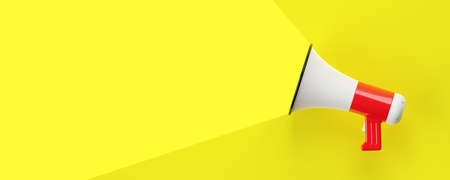 White and red megaphone or bullhorn flat lay over yellow background, business announcement or communication concept template, top view from above with copy space, 3D illustrationの写真素材