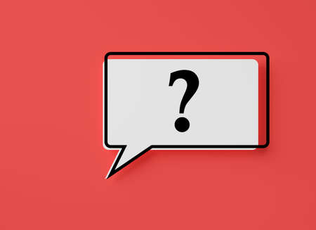 Speech bubble with question mark symbol on red background, help , support or faq concept, 3D illustrationの写真素材