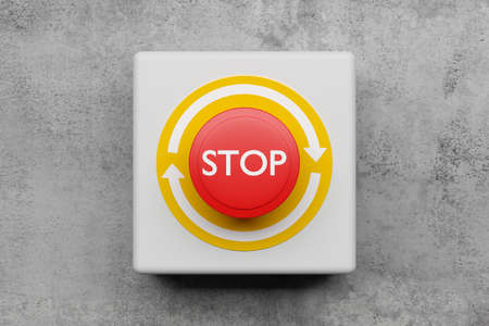 Red stop or panic push button on concrete wall background, emergency, security or safety concept, 3D...