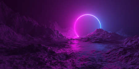 Mountain terrain landscape with pink and blue glowing neon light circle shape and shiny floor, retro technology or futuristic alien background template, 3D illustrationの写真素材