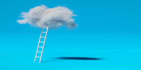 Ladder leading towards cloud over blue background, modern, minimal business success or career opportunity or achievement concept, 3D illustrationの写真素材