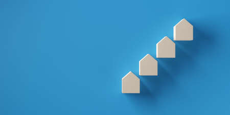 Small wooden houses rising steps over blue background, rising home or property value, mortgage, insurance or cost concept, 3D illustration with copy spaceの写真素材