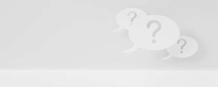 Group of white speech bubbles with question marks on bright white room background with copy space,...