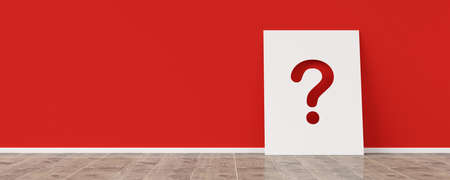 Single white card with question mark on red wall and wooden floor room background with copy space, idea, solution or question or communication business concept, 3D illustrationの写真素材
