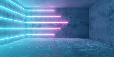 Blue and pink cyberpunk neon lights abstract background modern concrete room with rough floor, 3D illustrationの写真素材