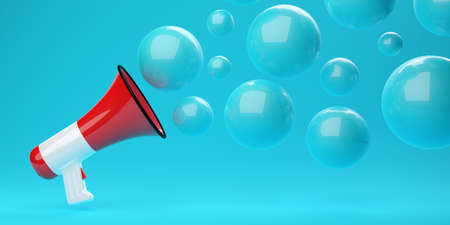 White and red megaphone or bullhorn over blue cyan background with bubbles emerging, business announcement or communication concept, 3D illustrationの写真素材