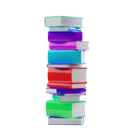 Multi colored vertical stack of different sized hardcover books over white background, literature, study or education concept, 3D illustrationの写真素材