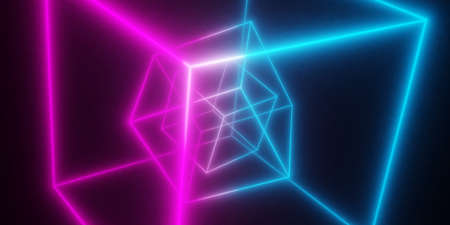 Modern, abstract multiple wireframe cube blue and pink neon light frame over black background, 3D...