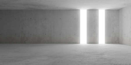 Abstract empty, modern concrete walls room with light from two open gaps in backwall and rough floor...