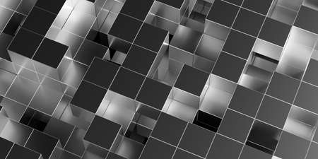 Silver chrome random shifted abstract geometrical cube or boxes maze background, 3D illustration