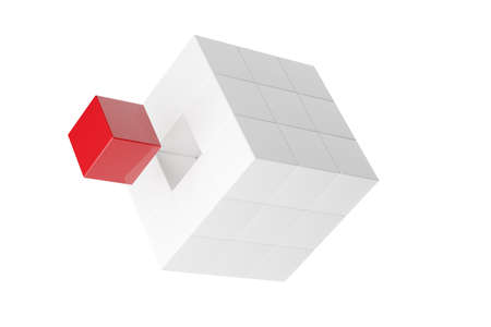 Single red cube floating outside from box made of cubes isolated on white background, standing out...
