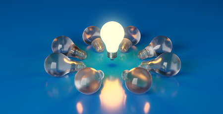 Single glowing light bulb in group of light bulbs, inspiration, leader, leadership or thinking creative concept, 3D illustrationの写真素材