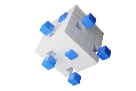Blue cubes floating out of box of cubes isolated on white background, business partnership, teamwork...