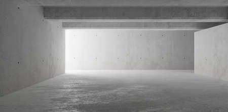 Abstract empty, modern concrete walls room with light from left, divider wall and ceiling beams - industrial interior background template, 3D illustrationの写真素材