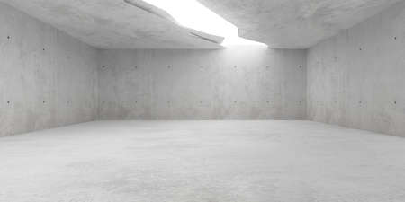 Empty modern abstract concrete room with random irregular ceiling opening and rough floor -...