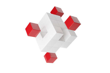 Four red cubes floating offset from box of white cubes isolated on white background, business...