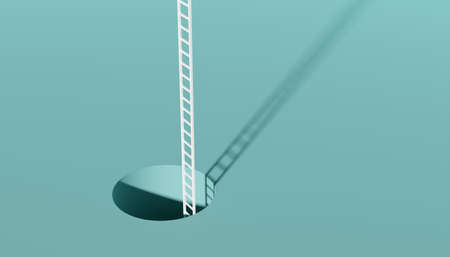 White ladder through hole in the floor extending endlessly on green background, modern minimal business success or solution concept, 3D illustrationの写真素材