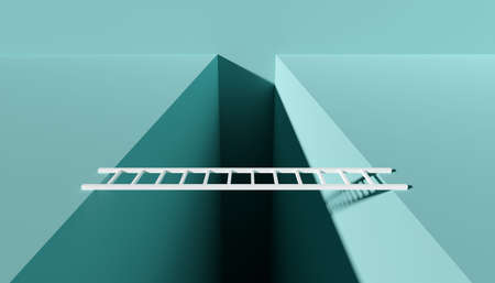 White ladder bridging gap in the floor, modern minimal business sucess, achievement or obstacle concept, 3D illustrationの写真素材