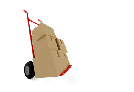 Red wheel barrow or hand truck tilted with cardboard boxes and parcels white background, delivery or transportation or moving concept, 3D illustrationの写真素材
