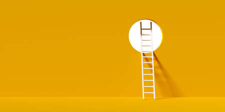 White ladder through hole in the wall on orange background, modern minimal business success or solution concept, copy space, 3D illustrationの写真素材