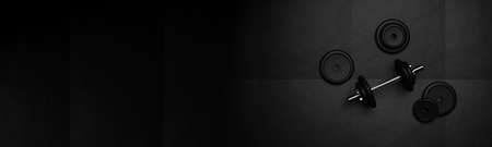 Fitness gym dumbbell with chrome handle and black weights on gym mat floor background flat lay top view from above, muscle exercise, workout, bodybuilding or fitness concept, 3D illustrationの写真素材