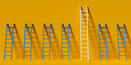 Series or row of ladders with one longer than the others against yellow wall background, business success, career or standing out concept, 3D illustrationの写真素材