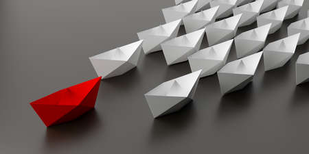 Red paper boat leading group of white paper ships on dark background, leadership or business success...