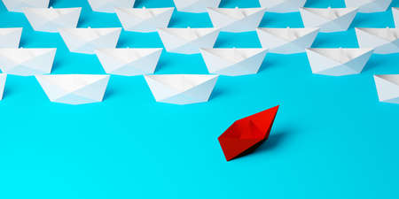 Red paper boat driving away from uniform group of white paper ships on blue background, difference or business leadership concept, 3D illustrationの写真素材