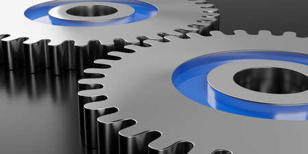 Two metal gears or cogwheels on black background, modern industry, process or engineering concept template, 3D illustrationの写真素材