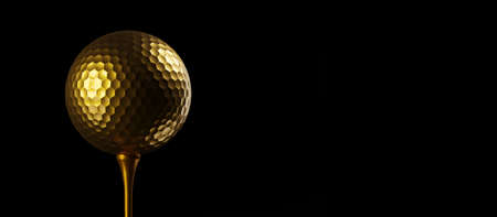 Gold golf ball on golden golf tee over black background, winner or champion concept,  3D illustrationの写真素材