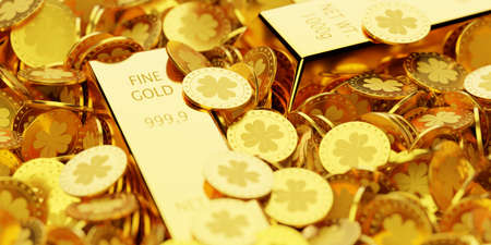 Heap of gold money coins and gold bars, ingots or bullions with selective focus, wealth, savings or...