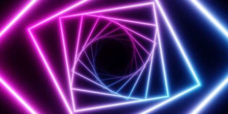 Modern, abstract multiple wireframe squares blue and pink glowing neon light frames rotated colors...
