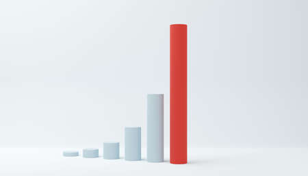 Red cylinder at the end of rising bar graph of blue cylinders on blue background, abstract modern minimal success, growth, progress or achievement concept, 3D illustrationの写真素材