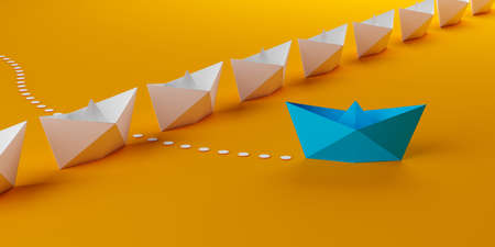 Blue paper boat crossing row of white paper ships on orange background, disruptive business concept,...