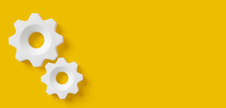 Two white gears or cogwheels on yellow background with copy space, modern minimal management, team, process or industry concept template flat lay top view from above, 3D illustrationの写真素材