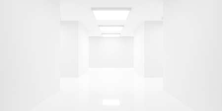 Abstract empty, modern white hallway crossing with square lights on the ceiling and shiny floor - modern, liminal interior background template, 3D illustrationの写真素材