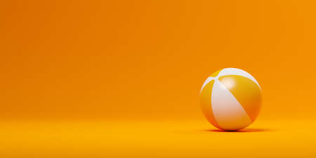 Orange and white striped inflatable toy game beach ball on orange background, summer vacation or beach symbol, 3D illustrationの写真素材